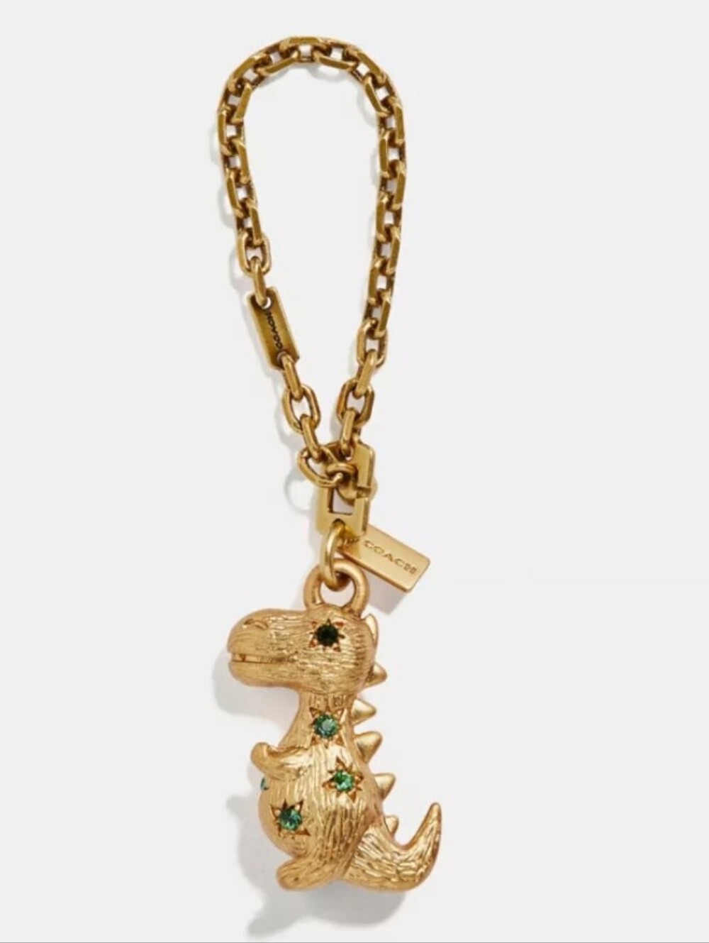 COACH Rare Brass Rexy Dinosaur Bag Purse Fob Tote Charm Green and Black Crystals